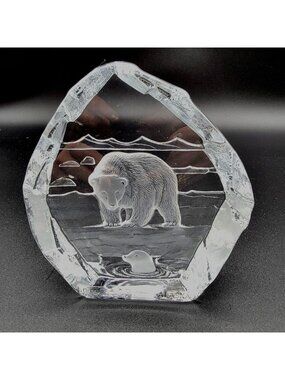 Signed Nybro Intaglio Crystal Alaska Polar Bear & Seal Paperweight